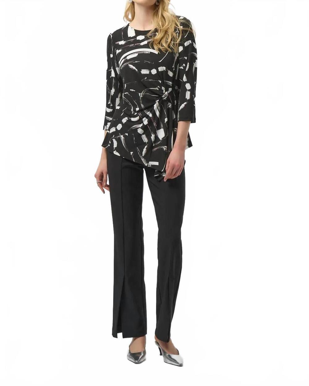 NEW JOSEPH RIBKOFF abstract print three quarter sleeves asymmetrical top in blac